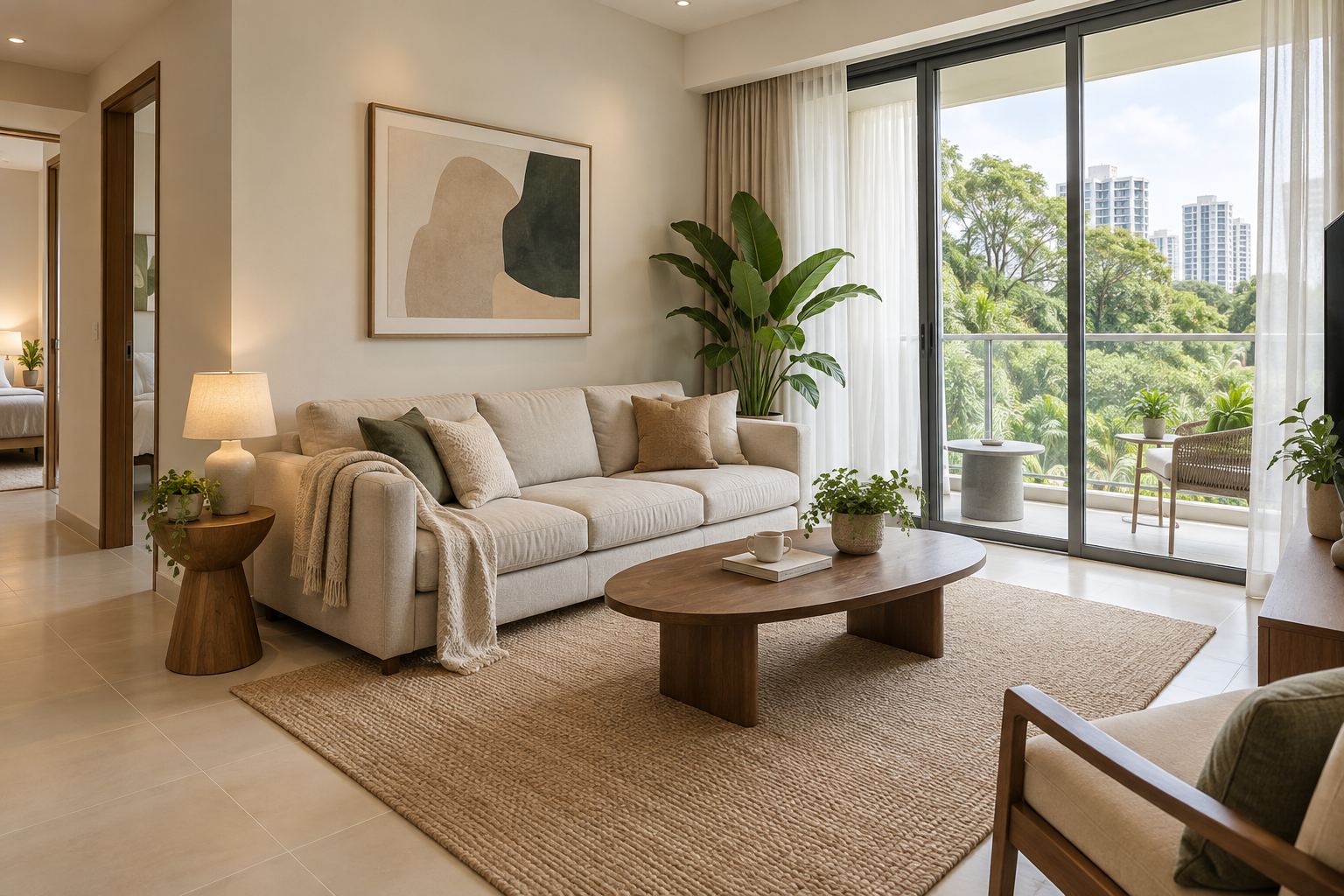 AI-styled condo living room with a linen sofa, warm wood and tropical daylight